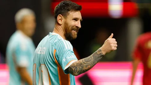 Lionel Messi #10 of Inter Miami reacts against Atlanta United during the first half of the 2024 MLS Cup Playoffs at Mercedes-Benz Stadium on November 02, 2024 in Atlanta, Georgia.