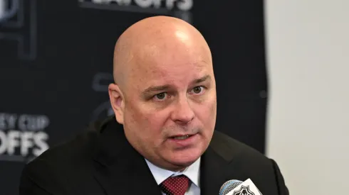 Head coach Jim Montgomery of the Boston Bruins talks with the media after a game between the Toronto Maple Leafs and the Boston Bruins in Game One of the First Round of the 2024 Stanley Cup Playoffs at TD Garden on April 20, 2024 in Boston, Massachusetts.
