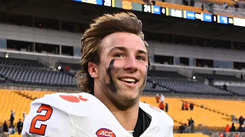 Cade Klubnik #2 of the Clemson Tigers runs off the field following a 24-20 win over the Pittsburgh Panthers during the game at Acrisure Stadium on November 16, 2024 in Pittsburgh, Pennsylvania. 
