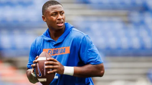 DJ Lagway #2 of the Florida Gators warms up before the start of a game against the Texas A&M Aggies at Ben Hill Griffin Stadium on September 14, 2024 in Gainesville, Florida.
