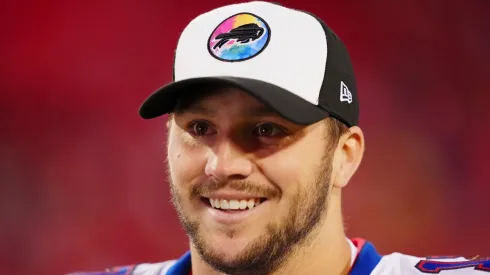 Josh Allen #17 of the Buffalo Bills reacts after defeating the Kansas City Chiefs 24-20 at Arrowhead Stadium on October 16, 2022 in Kansas City, Missouri.
