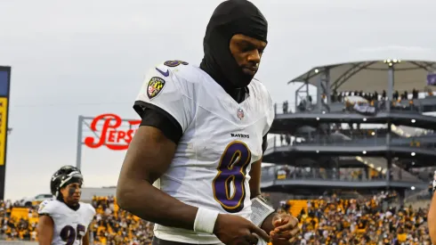 Lamar Jackson #8 of the Baltimore Ravens walks off the field after losing to the Pittsburgh Steelers 18-16 on November 17, 2024 at Acrisure Stadium in Pittsburgh, Pennsylvania.