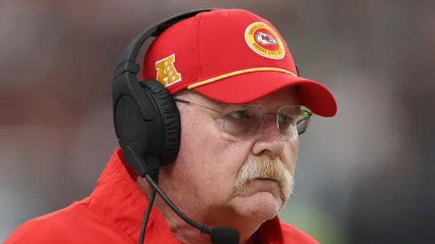 Head coach Andy Reid of the Kansas City Chiefs on the sidelines during the NFL game at Allegiant Stadium on October 27, 2024 in Las Vegas, Nevada. The Chiefs defeated the Raiders 27-20.
