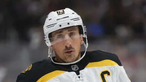 Brad Marchand #63 of the Boston Bruins plays the Colorado Avalanche in the first period at Ball Arena on October 16, 2024 in Denver, Colorado.
