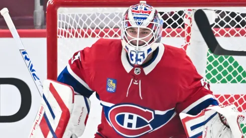 Sam Montembeault #35 of the Montreal Canadiens tends the net during the second period against the Toronto Maple Leafs at the Bell Centre.
