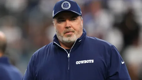 Head coach Mike McCarthy of the Dallas Cowboys looks on before a game against the Detroit Lions at AT&T Stadium on October 13, 2024 in Arlington, Texas.
