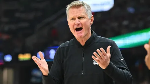  Head coach Steve Kerr of the Golden State Warriors reacts during the first quarter against the Cleveland Cavaliers at Rocket Mortgage Fieldhouse on November 08, 2024 in Cleveland, Ohio.
