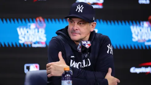 Manager Aaron Boone #17 of the New York Yankees talks to the media after the Los Angeles Dodgers defeated the New York Yankees 7-6 in game 5 to win the 2024 World Series at Yankee Stadium on October 30, 2024 in the Bronx borough of New York City.