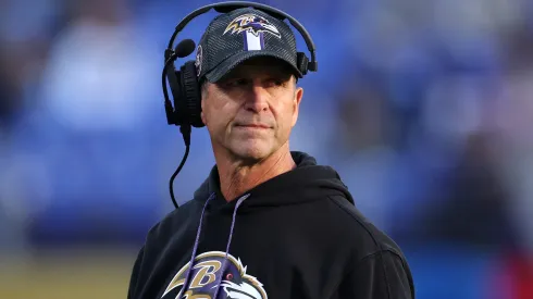 Head coach John Harbaugh of the Baltimore Ravens looks on during the second half of a game against the Denver Broncos at M&T Bank Stadium on November 03, 2024 in Baltimore, Maryland.
