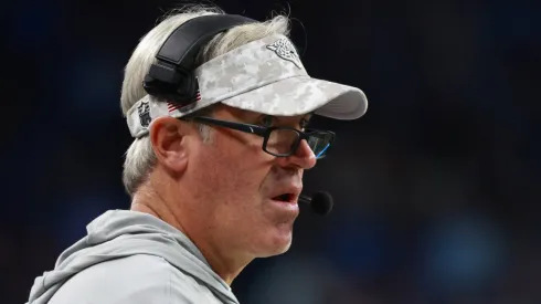 Jacksonville Jaguars head coach Doug Pederson follows the play during the first half of an NFL, American Football Herren, USA football game between the Jacksonville Jaguars and the Detroit Lions in Detroit, Michigan USA, on Sunday, November 17, 2024 Detroit Michigan United States.