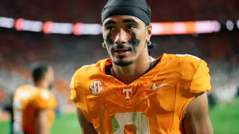 Nico Iamaleava #8 of the Tennessee Volunteers walks off the field after defeating the Florida Gators during their game at Neyland Stadium on October 12, 2024 in Knoxville, Tennessee.
