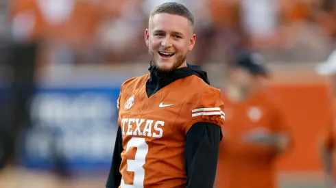 Quinn Ewers #3 of the Texas Longhorns watches players warm up before the game against the Louisiana Monroe Warhawks at Darrell K Royal-Texas Memorial Stadium on September 21, 2024.
