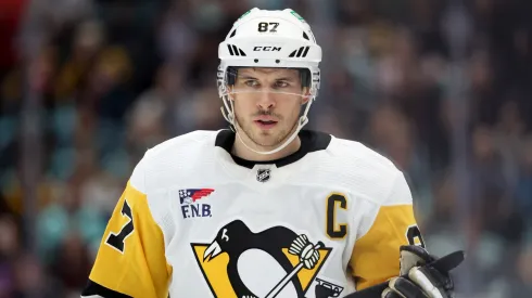 Sidney Crosby #87 of the Pittsburgh Penguins looks on during the first period Kraken at Climate Pledge Arena on February 29, 2024 in Seattle, Washington. 
