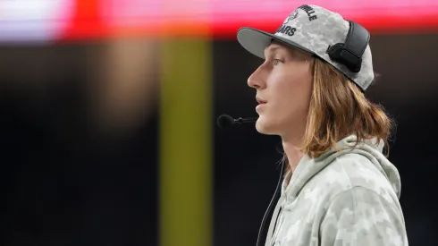 Trevor Lawrence #16 of the Jacksonville Jaguars looks on in the third quarter of a game against the Detroit Lions at Ford Field on November 17, 2024 in Detroit, Michigan. 
