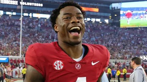 Jalen Milroe #4 of the Alabama Crimson Tide reacts after their 34-20 win over the Tennessee Volunteers at Bryant-Denny Stadium on October 21, 2023.
