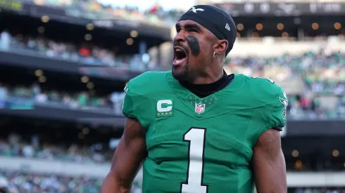 Jalen Hurts #1 of the Philadelphia Eagles yells prior to a game against the Jacksonville Jaguars at Lincoln Financial Field on November 03, 2024 in Philadelphia, Pennsylvania.
