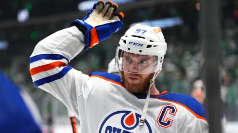 Connor McDavid #97 of the Edmonton Oilers reacts after his game winning goal against the Dallas Stars during the second overtime in Game One of the Western Conference Final of the 2024 Stanley Cup Playoffs.