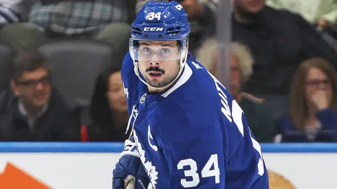 uston Matthews #34 of the Toronto Maple Leafs skates against the Seattle Kraken during the Third period in an NHL game at Scotiabank Arena on October 31, 2024 in Toronto, Ontario, Canada. The Maple Leafs defeated the Kraken 4-1. 
