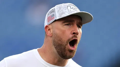 Travis Kelce #87 of the Kansas City Chiefs reacts during warmups before the game against the Buffalo Bills at Highmark Stadium on November 17, 2024 in Orchard Park, New York.
