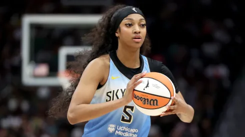 Angel Reese #5 of the Chicago Sky looks on during the game against the Seattle Storm at Climate Pledge Arena on July 05, 2024 in Seattle, Washington
