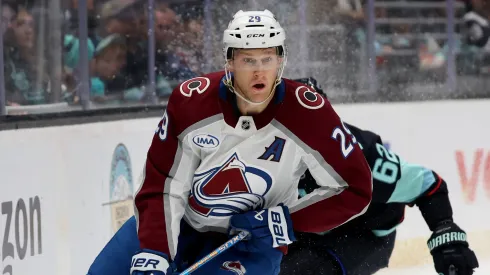  Nathan MacKinnon #29 of the Colorado Avalanche skates against the Seattle Kraken during the third period at Climate Pledge Arena on October 22, 2024 in Seattle, Washington. 
