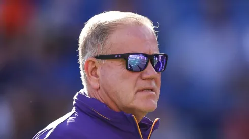 Head coach Brian Kelly of the LSU Tigers looks on before the start of a game against the Florida Gators at Ben Hill Griffin Stadium on November 16, 2024 in Gainesville, Florida
