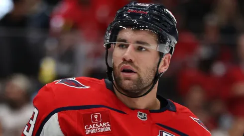 Tom Wilson #43 of the Washington Capitals and Evgeni Malkin #71 of the Pittsburgh Penguins exchange words during the second period at Capital One Arena in Washington, DC.