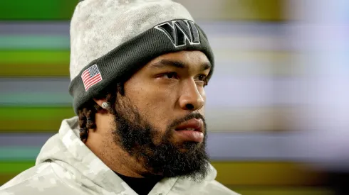 Marshon Lattimore #23 of the Washington Commanders looks on from the sidelines before the game against the Philadelphia Eagles at Lincoln Financial Field on November 14, 2024 in Philadelphia, Pennsylvania. The Eagles won 26-18
