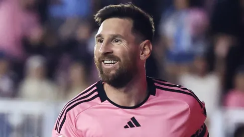 Lionel Messi #10 of Inter Miami celebrates scoring his third goal during the second half against the New England Revolution at Chase Stadium on October 19, 2024 in Fort Lauderdale, Florida.
