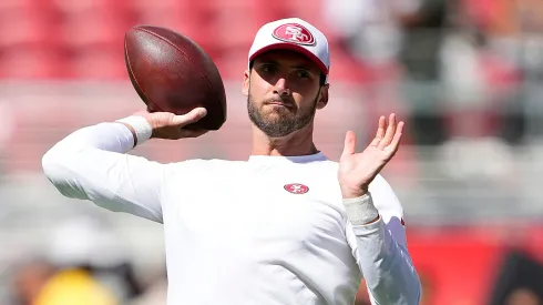 Brandon Allen #17 of the San Francisco 49ers warms up prior to the start of a preseason game against the New Orleans Saints at Levi's Stadium on August 18, 2024 in Santa Clara, California.
