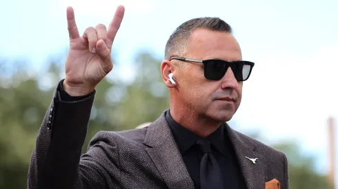 Head coach Steve Sarkisian of the Texas Longhorns reacts as he arrives prior to a game against the Georgia Bulldogs at Darrell K Royal-Texas Memorial Stadium on October 19, 2024 in Austin, Texas.
