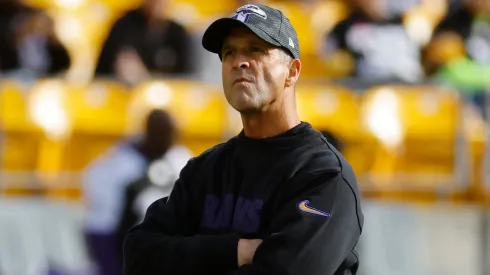 Head coach John Harbaugh of the Baltimore Ravens looks on prior to a game against the Pittsburgh Steelers at Acrisure Stadium on November 17, 2024 in Pittsburgh, Pennsylvania.
