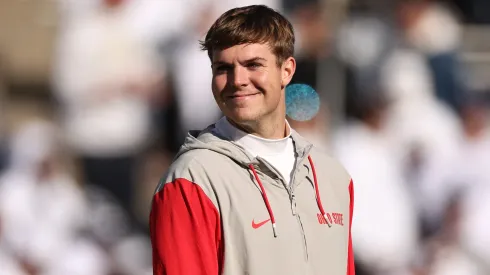 Will Howard #18 of the Ohio State Buckeyes reacts prior to a game against the Penn State Nittany Lions at Beaver Stadium on November 02, 2024 in State College, Pennsylvania.
