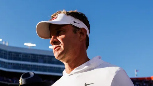 Head coach Lane Kiffin of the Mississippi Rebels walks off the field after being defeated 24-17 by the Florida Gators of a game at Ben Hill Griffin Stadium on November 23, 2024 in Gainesville, Florida.
