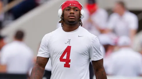 Jalen Milroe #4 of the Alabama Crimson Tide warms up before the game against the Georgia Bulldogs at Bryant-Denny Stadium on September 28, 2024 in Tuscaloosa, Alabama.
