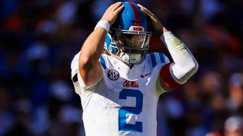 Jaxson Dart #2 of the Mississippi Rebels reacts during the second half of a game against the Florida Gators at Ben Hill Griffin Stadium on November 23, 2024 in Gainesville, Florida.
