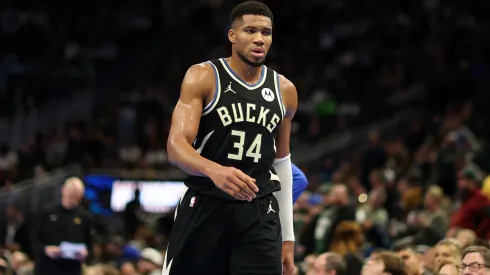 Giannis Antetokounmpo #34 of the Milwaukee Bucks walks to the bench during a game against the Indiana Pacers in the NBA Emirates Cup at Fiserv Forum