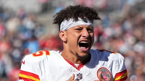 Quarterback Patrick Mahomes #15 of the Kansas City Chiefs reacts prior to a game against the Carolina Panthers at Bank of America Stadium on November 24, 2024 in Charlotte, North Carolina.
