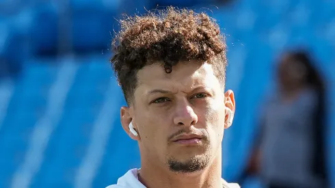 Patrick Mahomes #15 of the Kansas City Chiefs looks on during warmups before playing the Carolina Panthers at Bank of America Stadium on November 24, 2024 in Charlotte, North Carolina.
