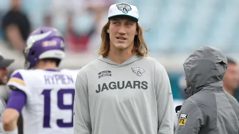 Trevor Lawrence #16 of the Jacksonville Jaguars looks on before the game against the Minnesota Vikings at EverBank Stadium on November 10, 2024 in Jacksonville, Florida.
