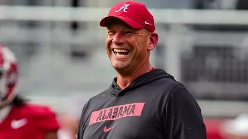 Head coach Kalen DeBoer of the Alabama Crimson Tide is all smiles prior to kickoff against the Western Kentucky Hilltoppers at Bryant-Denny Stadium on August 31, 2024.
