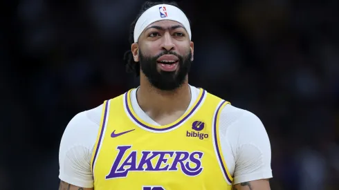 Anthony Davis #3 of the Los Angeles Lakers walks back to his bench while playing the Denver Nuggets in the first quarter during game five of the Western Conference First Round Playoffs at Ball Arena on April 29, 2024.
