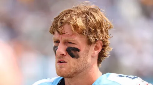 Quarterback Will Levis #8 of the Tennessee Titans looks on before a game against the Green Bay Packers at Nissan Stadium on September 22, 2024 in Nashville, Tennessee.