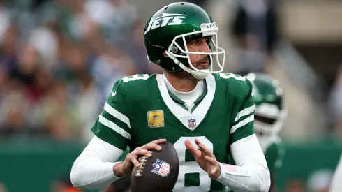 Aaron Rodgers #8 of the New York Jets in action against the Indianapolis Colts at MetLife Stadium on November 17, 2024 in East Rutherford, New Jersey.
