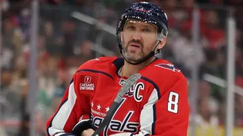  Alex Ovechkin #8 of the Washington Capitals looks on against the Dallas Stars at Capital One Arena on October 17, 2024 in Washington, DC.
