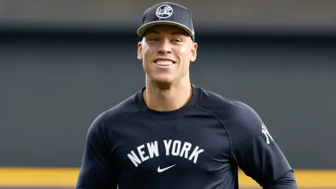 New York Yankees outfielder Aaron Judge (99) during warmups before the game between the Milwaukee Brewers and the New York Yankees in 2024.
