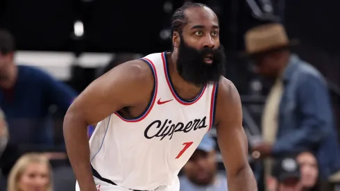  James Harden #1 of the LA Clippers dribbles up court during the first half of a game against the Toronto Raptors at Intuit Dome 
