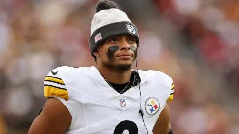 Justin Fields #2 of the Pittsburgh Steelers looks on from the sideline in the second quarter of a game against the Washington Commanders at Northwest Stadium on November 10, 2024 in Landover, Maryland.
