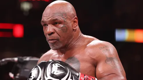 Mike Tyson in action against Jake Paul during LIVE On Netflix: Jake Paul vs. Mike Tyson at AT&T Stadium on November 15, 2024 in Arlington, Texas.