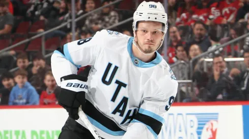 Mikhail Sergachev #98 of Utah Hockey Club skates against the New Jersey Devils at Prudential Center on October 14, 2024 in Newark, New Jersey.